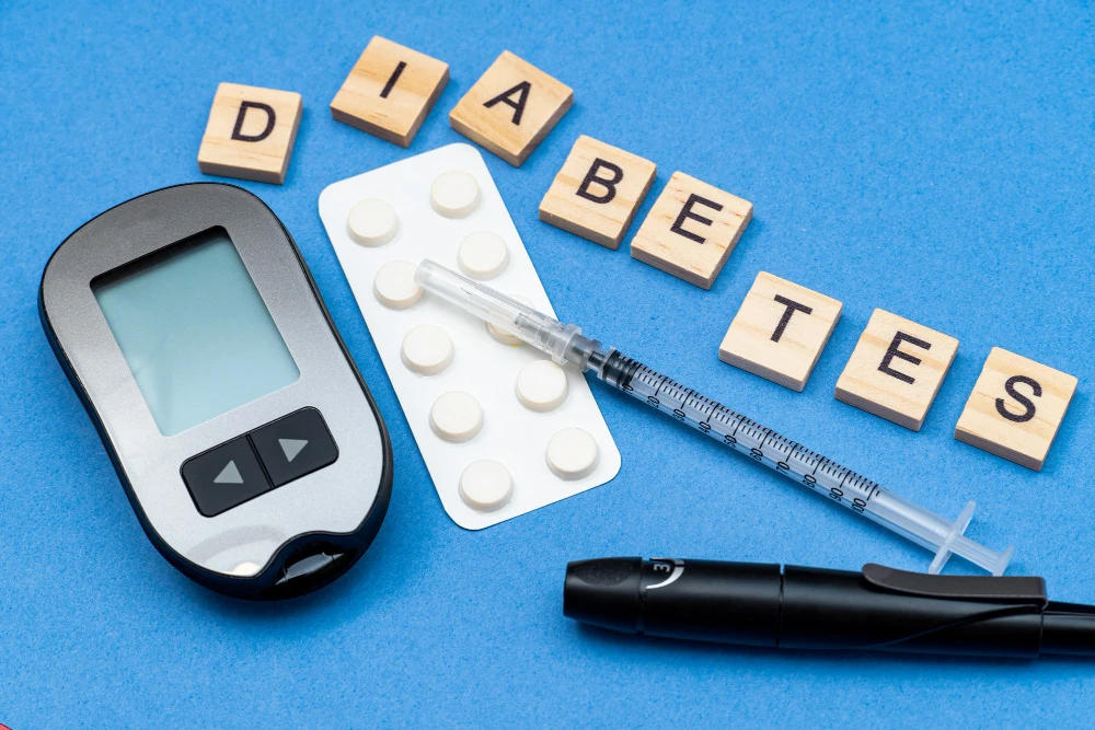 Word diabetes with syringe, pills, device for measuring blood sugar